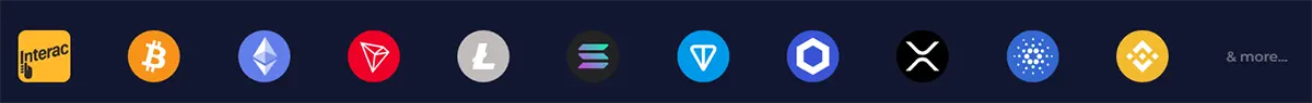 Cryptocurrency payment options banner displaying icons for several digital currencies including Bitcoin, Ethereum, TRON, Litecoin, Solana, Toncoin, Chainlink, Ripple (XRP), Cardano, and Binance Coin, with an indication that more crypto options are available.