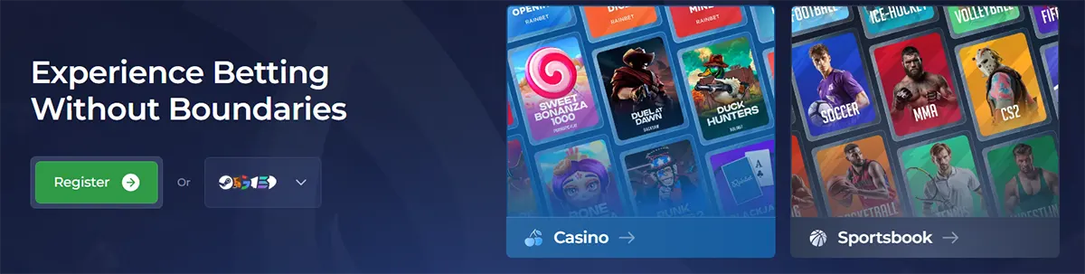 Casino and sportsbook promotional banner with the message “Experience Betting Without Boundaries.” It features a Register call-to-action button and showcases two sections: Casino, displaying slot game thumbnails such as Sweet Bonanza and other titles, and Sportsbook, highlighting sports categories like soccer, MMA, and CS2 for online betting.