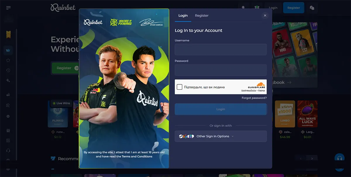 Casino platform login and registration pop-up for the Rainbet website. The panel includes fields for username and password, a Cloudflare human verification checkbox, and a Login button, along with an option for alternative sign-in methods. On the left side, a promotional graphic features two esports personalities associated with Rainbet and Ninjas in Pyjamas, promoting the betting platform.